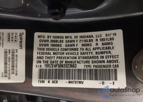 2019 Honda Insight Ex z USA, uszkodzony, nr VIN 19XZE4F50KE023663